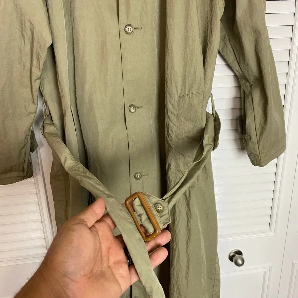 VTG Banana Republic Nylon Trench Coat Mens S Olive Green Duster Epaulets Long